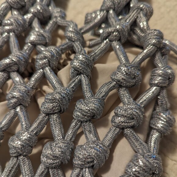 Silver Macramé Mini Bag with Drawstring Pouch Elegant Statement Accessory - Picture 8 of 10